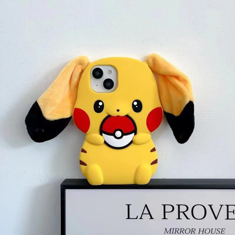 Long ear silicone Pikachu iPhone case 11-16PM.