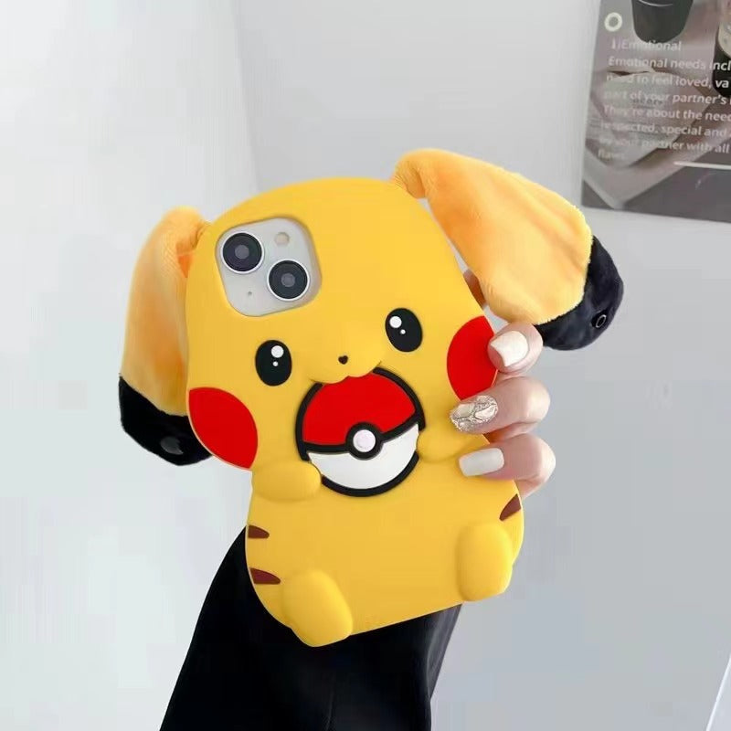 Long ear silicone Pikachu iPhone case 11-16PM.