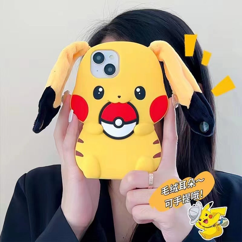 Long ear silicone Pikachu iPhone case 11-16PM.