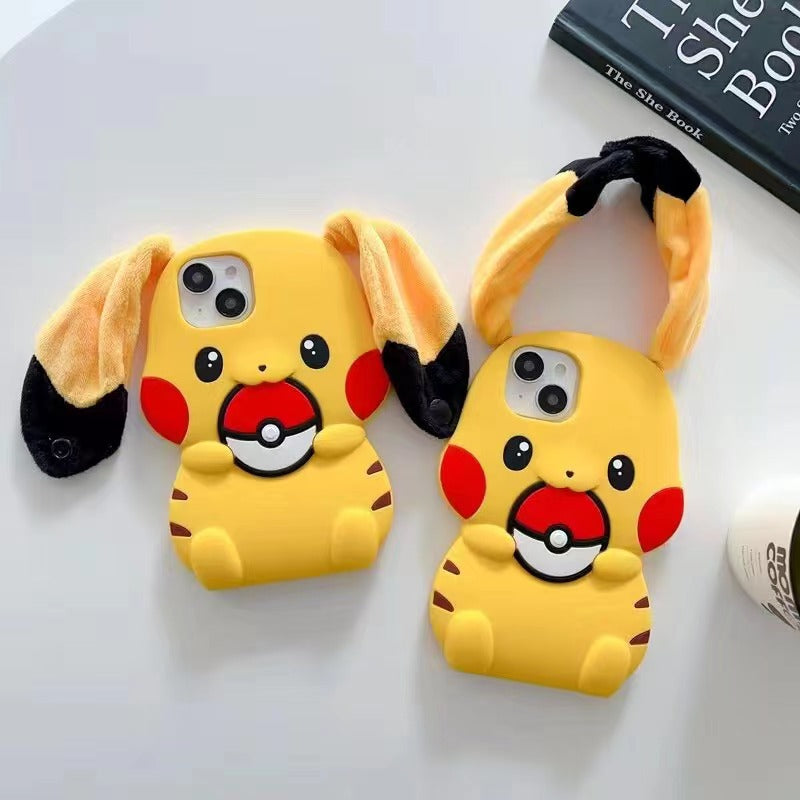 Long ear silicone Pikachu iPhone case 11-16PM.