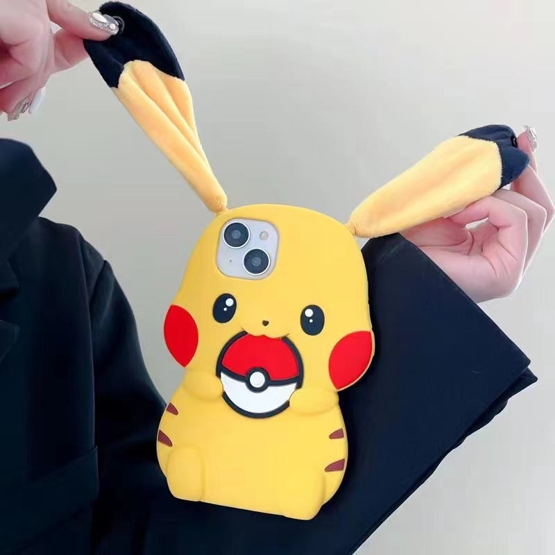 Long ear silicone Pikachu iPhone case 11-16PM.