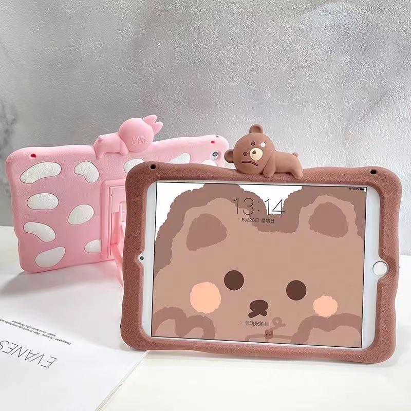 Bear,bunny,cow Silicone iPad shockproof shell, with back stand and hand strap.