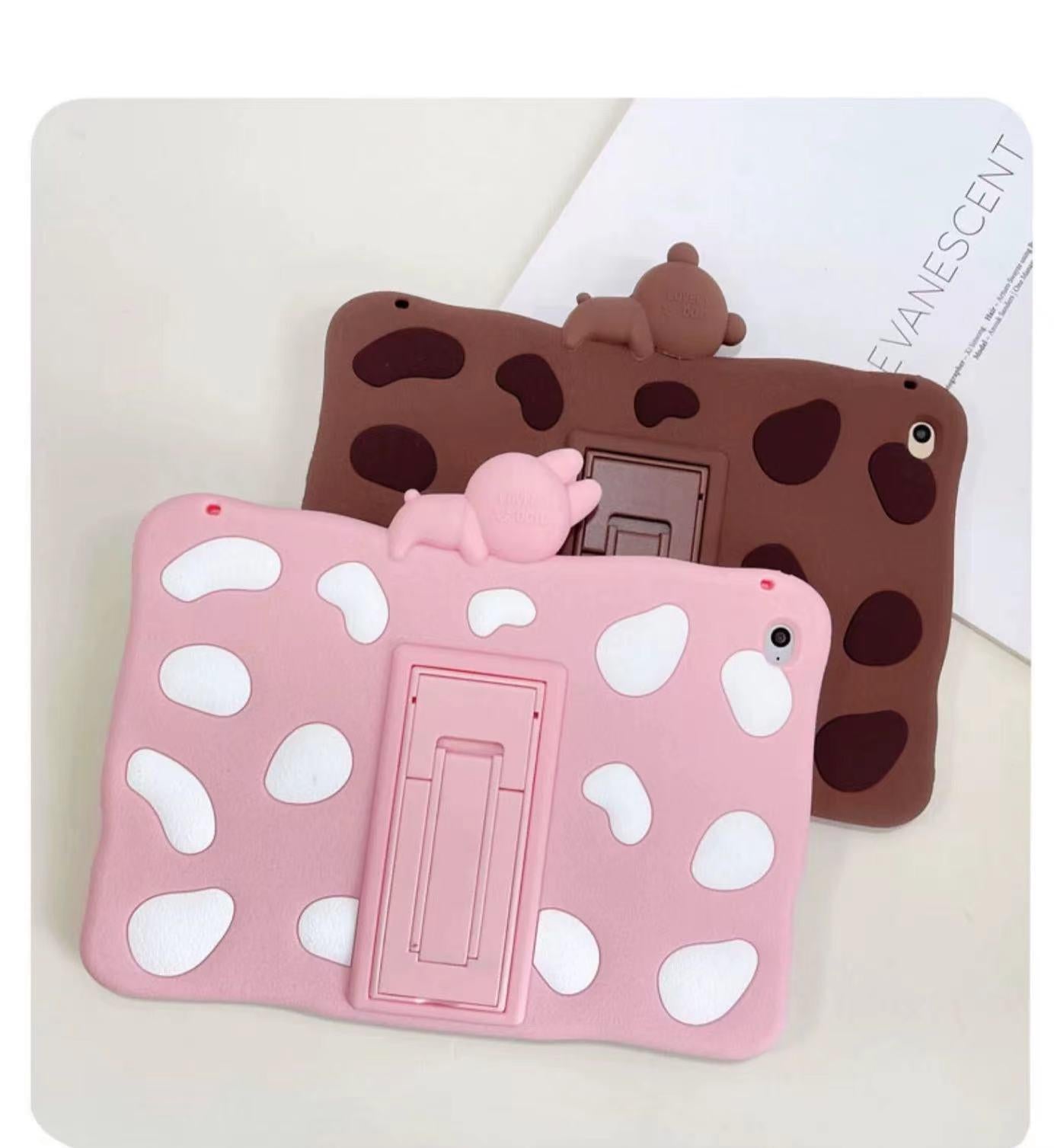 Bear,bunny,cow Silicone iPad shockproof shell, with back stand and hand strap.