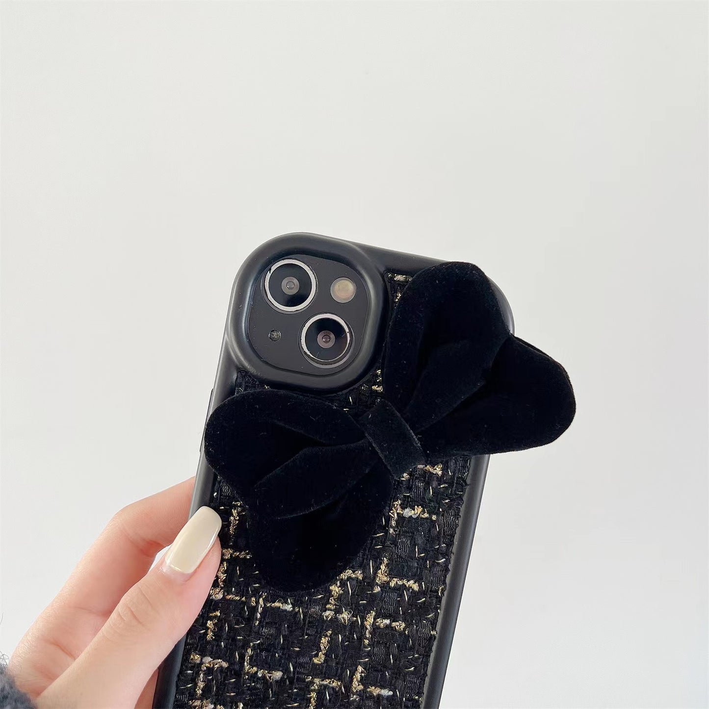 Gold velvet phone case with black bow,iPhone11-14Promax.