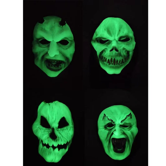 Glow-in-the-dark masks, skeletons, demons, decorations, spooky parties, spooky Halloween.