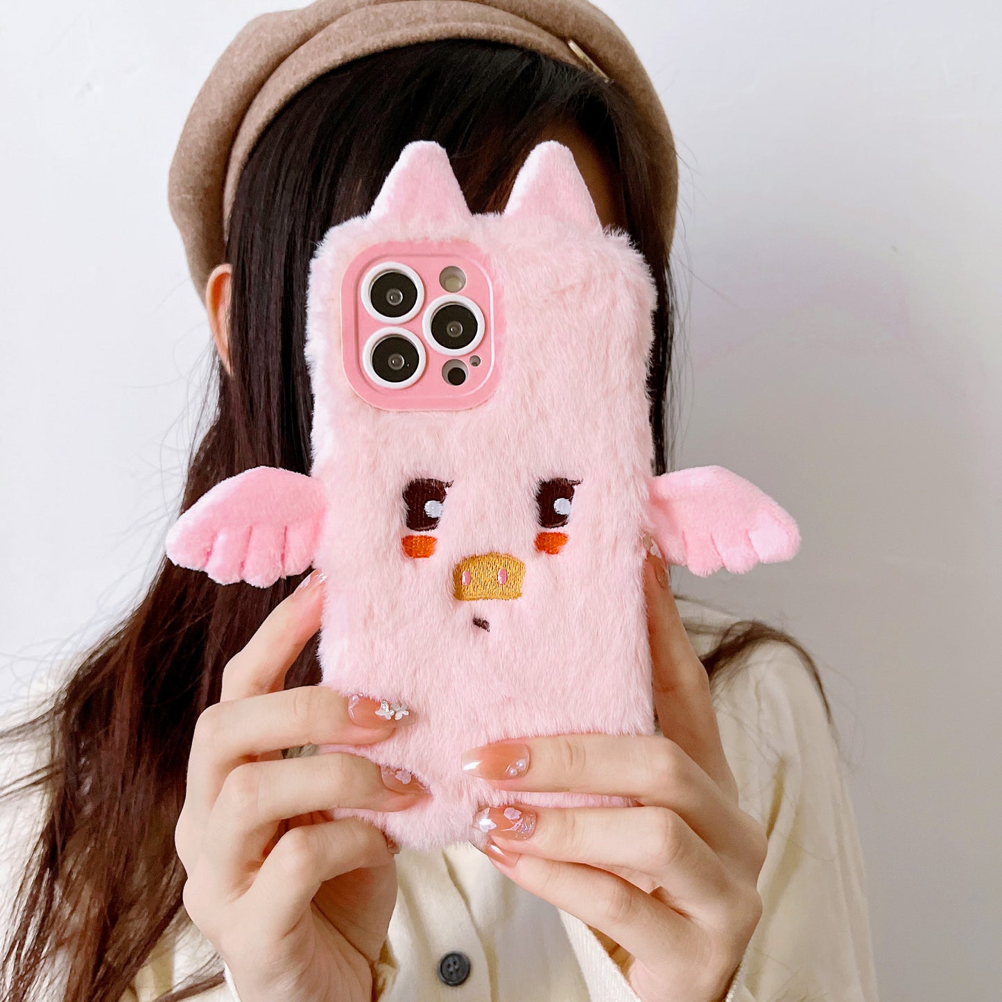 iPhone case,Plush pink flying piglet.