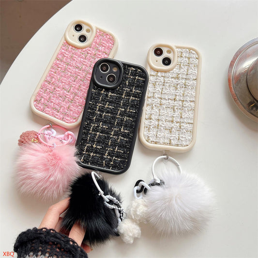 iPhone case Mink fur ball pendant Advanced small fragrance style woven fleece Frosted soft case